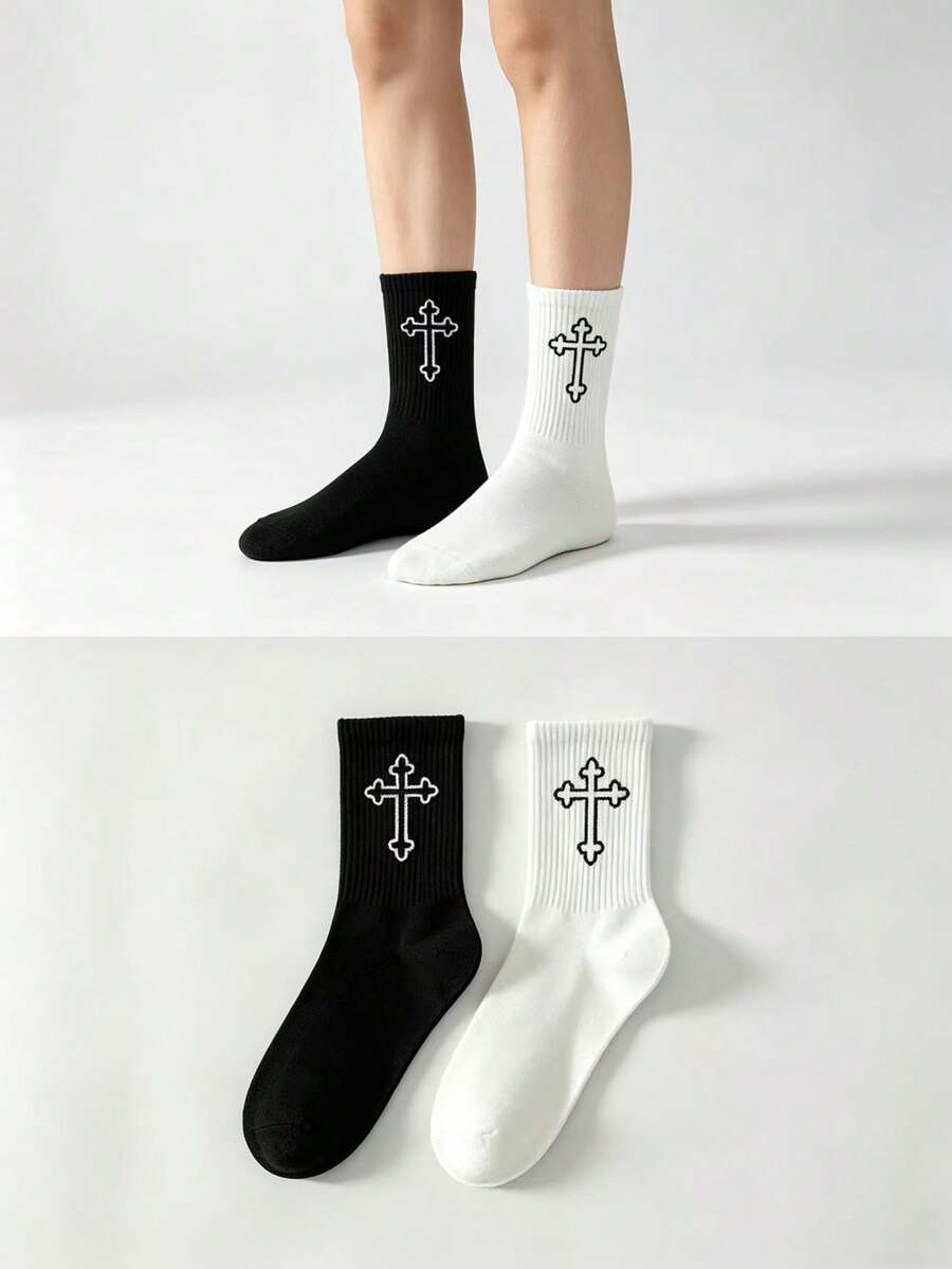 Calcetines largos hasta la pantorrilla estilo americano vintage con cruz, unisex, negro & blanco, versátiles para calle y deportes - Multicolor - Ver 1