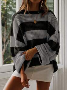Women's Casual Colorblock Striped Pattern Drop Shoulder Loose Sweater - Black and Gray - View 5
