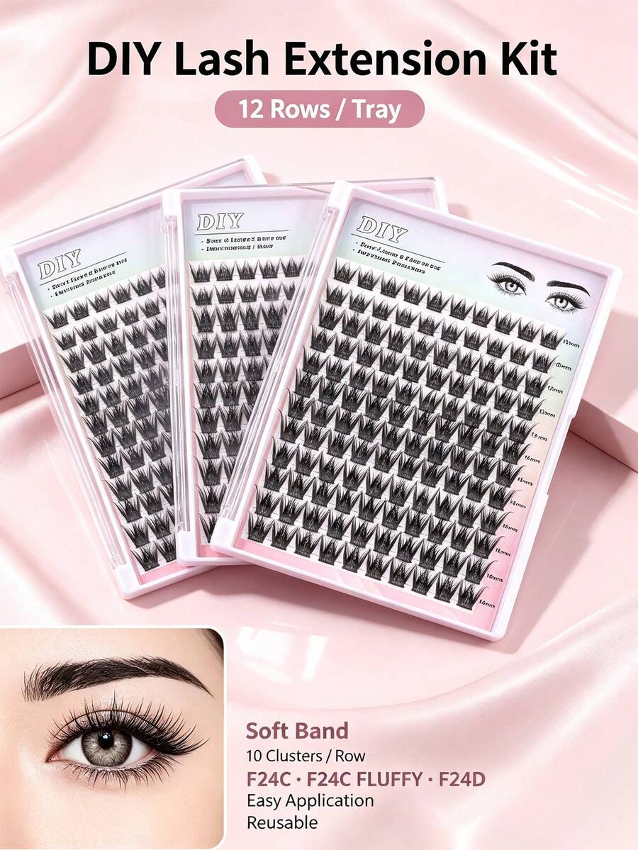 Mkhlina DIY Individual Cluster Eyelashes 12 Rows C/D Curl Fluffy Lash Extensions Seriess Individual DIY Eyelash Extension At Home(F24)