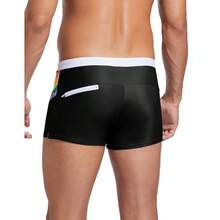 Celana Renang Pria Seksi Model Kaki Persegi dengan Motif Pelangi, Saku Belakang dan Resleting, Celana Pendek Pantai Olahraga Hitam - Hitam - View 2