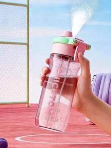 Multifunctional Spray Plastic Water Bottle With Straw, Large Capacity Leakproof Flip Top Sport Tumbler, Portable Transparent Mist Spray Drinking Cup For Gym Camping Hiking Outdoor Daily Use - Multicolor - View 3
