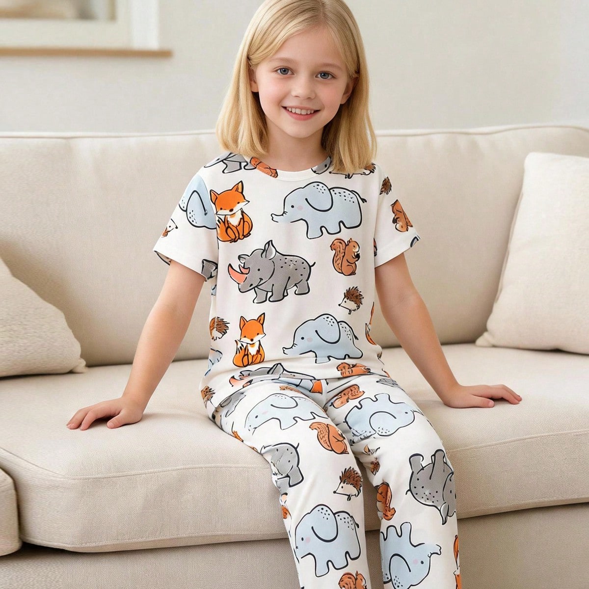 Young Girl 2pcs Set Kids Loungewear Short Sleeve T-Shirt And Long Pants Cartoon Cute Animal Print Pajamas Unisex For Boys And Girls Ages 4-12