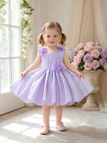 Baby Girls Asymmetrical Shoulder Bow Lace Lily Satin Cute Party Flower Bud Dress Suitable For Flower Girl, Headband Not Included - Mauve Purple - View 1