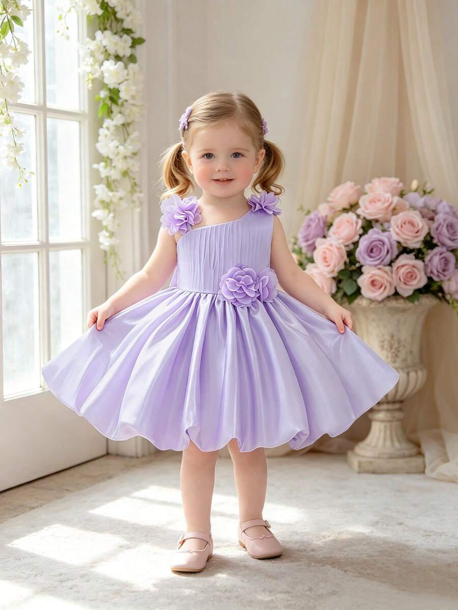 Baby Girls Asymmetrical Shoulder Bow Lace Lily Satin Cute Party Flower Bud Dress Suitable For Flower Girl, Headband Not Included - Mauve Purple - View 1