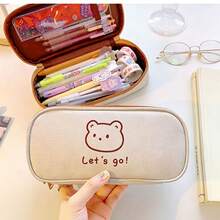 1pc Cute Cartoon Bear Rabbit Canvas Pencil Case, Minimalist Line Animal Print Pen Bag, Large Capacity Zipper Stationery Storage Pouch, Kawaii Simple Design, Portable Student Pencil Holder For School, Office & Back To School Gift - Flip-top Pencil Case - View 9