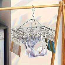 A Stainless Steel Drying Rack With 20/40 Clips - A Windproof Hanging Organizer For Socks And Underwear, Punch-Free, Hangable, Space-Saving Multi-Functional Hook - Silver - View 5
