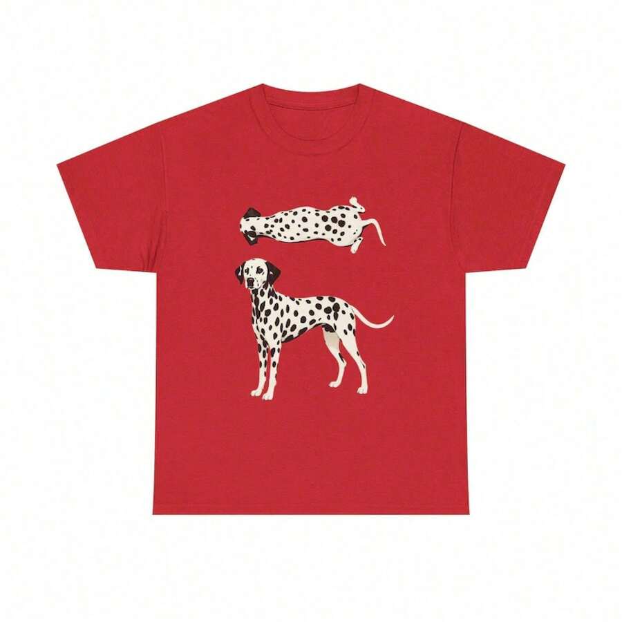 T-shirt unisex da donna con illustrazione di cane dalmata |     Due dalmati su sfondo rosso sono perfetti per l'estate-L91 - Rosso - Visualizzare 1
