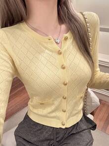 秋冬韓系甜美休閒風鑽石鏤空針織開襟衫 薄款女式金屬鈕扣短版上衣 溫柔風格 青春百搭 長款黃色 - 黃色 - 查看 2