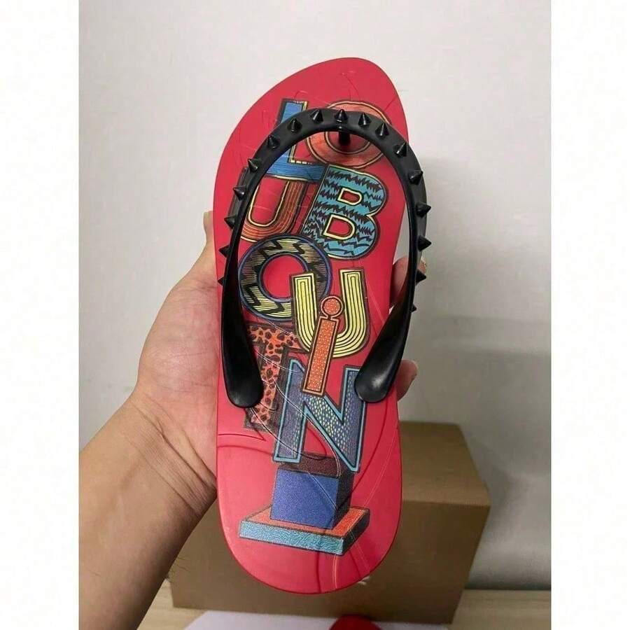 CL Explosion Red Rivet Sole Non-Slip Flat Heel Clip Foot Beach Sandals Outdoor Couples - 紅花 - 查看 1