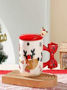 1pc Christmas Ceramic Mug With Bow-Shaped Handle, Santa, Snowman & Reindeer Pattern Coffee Cup, Red Lid And Cute Stirrer Included, Holiday Table Decoration, Festive Drinkware For Coffee & Cocoa, Ideal Christmas Gift For Family And Friends - Multicolor - View 16