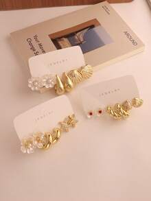 6/18PCS Fashionable Elegant Floral Geometric Ocean Series Multi-Element Gold Metallic Pearl Color Flower Earrings Set, Women's Fashion Earrings Set - Multicolor - View 5