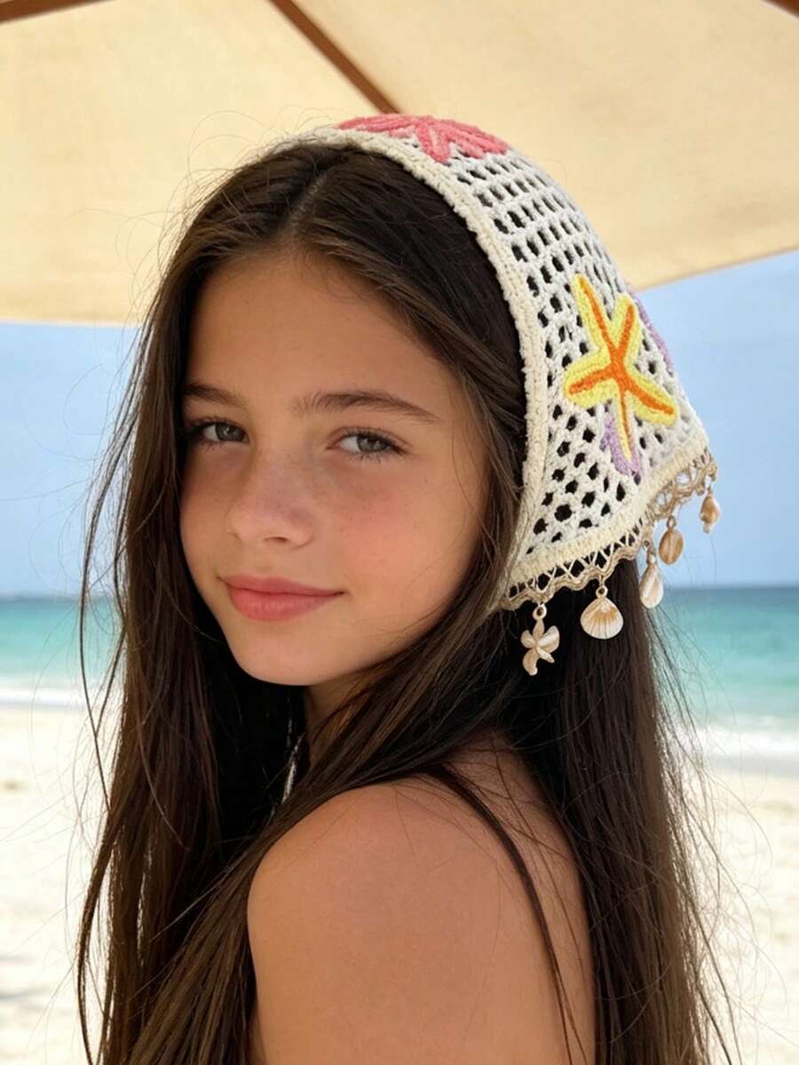 1pc Lightweight Hollow Crochet Headscarf, Bright Ocean Starfish & Shell Applique With Shell Pearl Tassel Square Scarf, Gentle & Cute Headscarf, Suitable For Summer Beach Outings, Pool & Seaside Market Outfits, Back To School Gift For Daughter - Multicolor - View 1