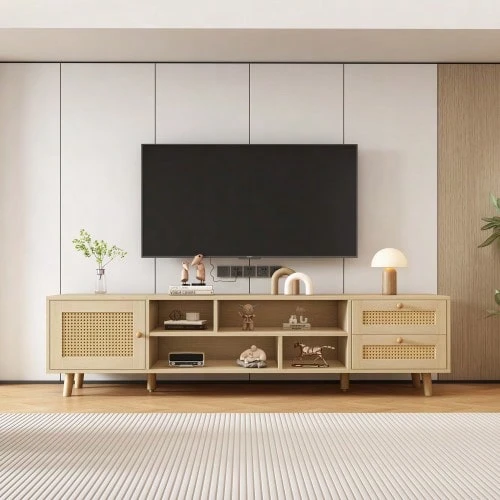 Premium 160cm Wood-Tone Rattan TV Stand For 70-Inch TV - Cable Management, 2 Drawers - Oak - View 1