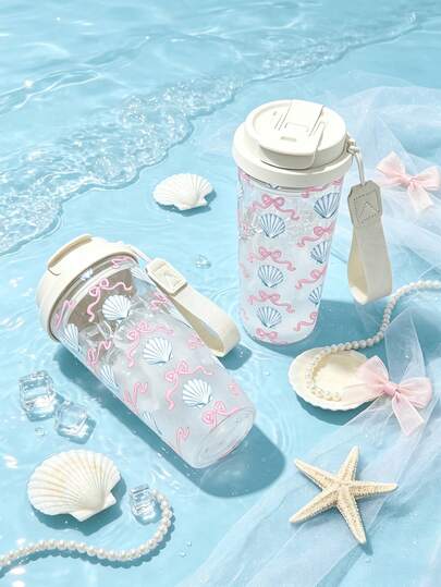 1pc/5pcs 500ml Pastel Seashell Pink Bow Print Tumbler, Plastic Water Bottle With Straw & Lanyard, Leakproof Flip Lid Cup, Coquette Ocean Ribbon Pattern, Perfect For Iced Coffee, Cold Brew & Summer Daily Outdoor Office Use.