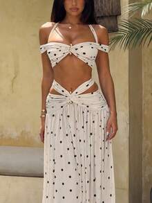 DOUCIU 2pcs Polka Dot Halter Drape Top + Asymmetric Skirt Set, Casual Street Style - White - View 4