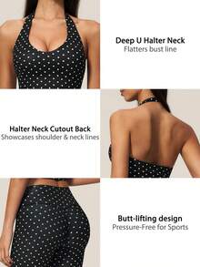 TimeOff Women's One Set Polka Dot Halter V-Neck Backless Tank Top & Bermuda Shorts Sports Set - Black - View 4
