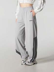 Adidas New Women's Casual Knitted Three-Striped Loose Straight Leg Sports Pants - Grey - View 1