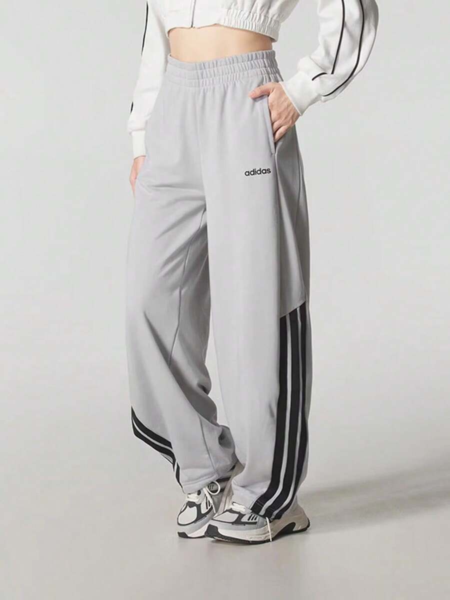 Adidas New Women's Casual Knitted Three-Striped Loose Straight Leg Sports Pants - Grey - View 1