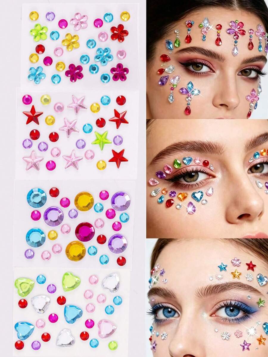 10/4/1 Sheets Sequin Heart Star Stickers Self-Adhesive Rhinestone Diamond Shape Design For Makeup And Clothing, Multi-Color Diamond Face Gems For Valentine's Day, Festivals, Parties And Events - Multicolor - View 1