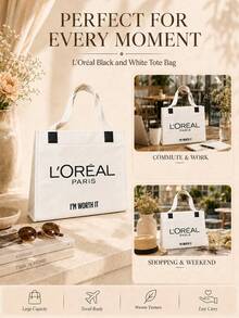 L’Oreal Paris L'Oréal Cream Canvas Tote Bag, 40*55cm, Canvas Fabric, Magnetic Closure, Large Capacity, Suitable For Commuting And Travel, Perfect For Gifting - White - View 9