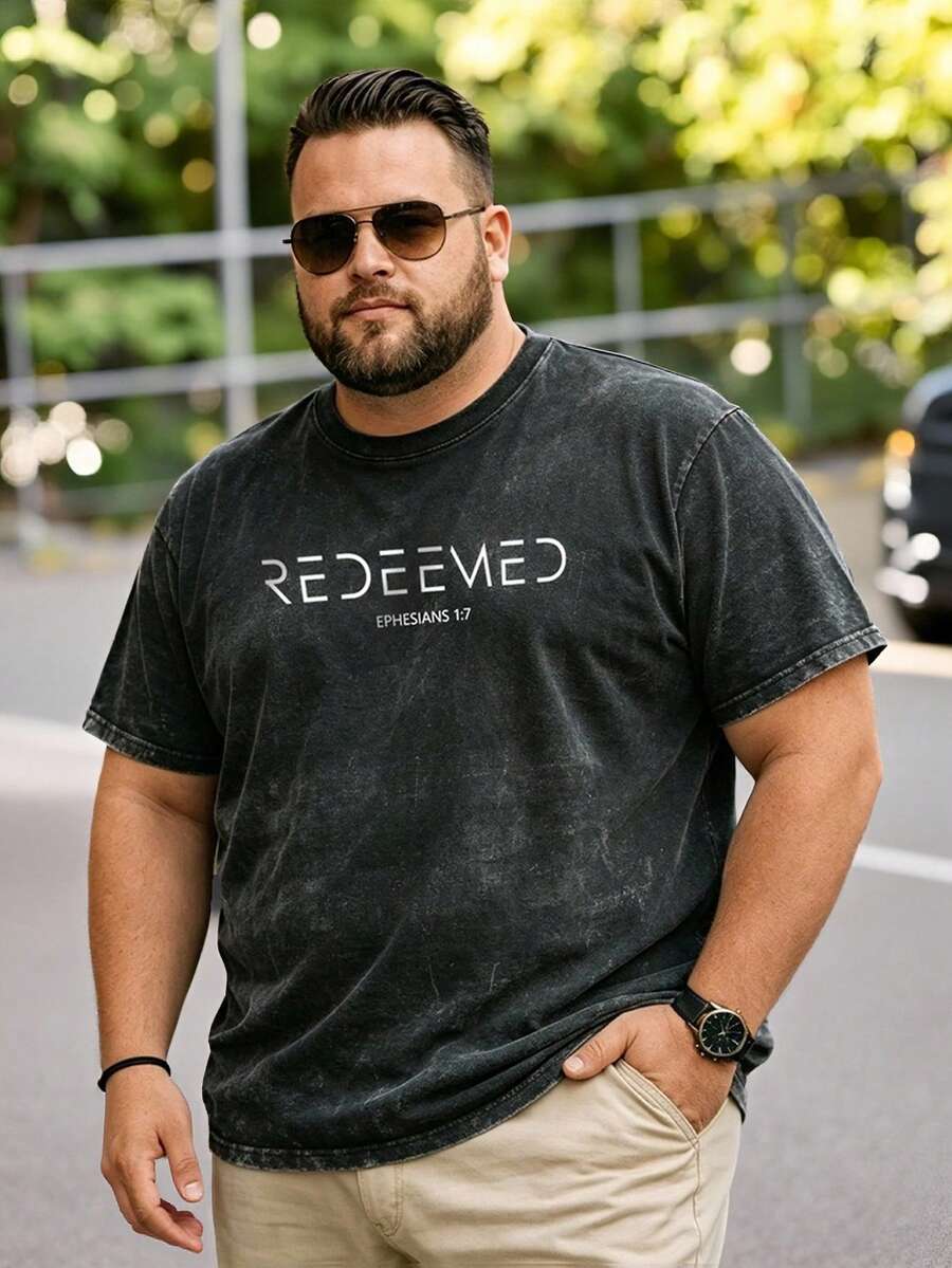Plus Size Men's Christian Faith Letter Print Washed Casual Crew Neck T-Shirt - Black - View 1