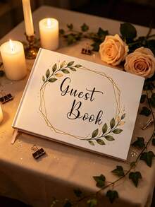 1pc Mori Style Gold Frame Green Leaf Wedding Guest Book, White Hardcover Foil Stamped Botanical Wreath Guest Message Memorial Album, With Pink Ribbon Bookmark, Minimalist Fresh Ins Style Wedding Decor, Suitable For Western Wedding, Engagement Party, Anniversary Party, Outdoor Lawn Wedding Guest Signature Keepsake, Watercolor Branch Leaf Geometric Gold Edge Design Cover, Elegant And Sophisticated - A - View 9