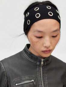 Punk Gothic Style Black Metal Eyelet Headband, Wide Elastic Non-Slip Hair Hoop, Suitable For Yoga Sports, Cool Metal Rivet Daily Fashion Women's Hair Accessory - Black - View 5