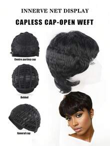 Wig Pendek Sintetis Hitam untuk Wanita, Potongan Pixie dengan Poni, Warna Hitam Alami, Lurus, Tebal, Buatan Mesin, Pendek Berlapis untuk Penggunaan Sehari-hari - MultiWarna - View 6