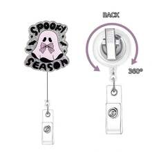 1 pièce/3 pièces/4 pièces Enrouleur de badge rétractable avec clip, motif crâne Halloween pailleté en acrylique noir et rose, convient aux professionnels de santé - Multicolore - Voir 5