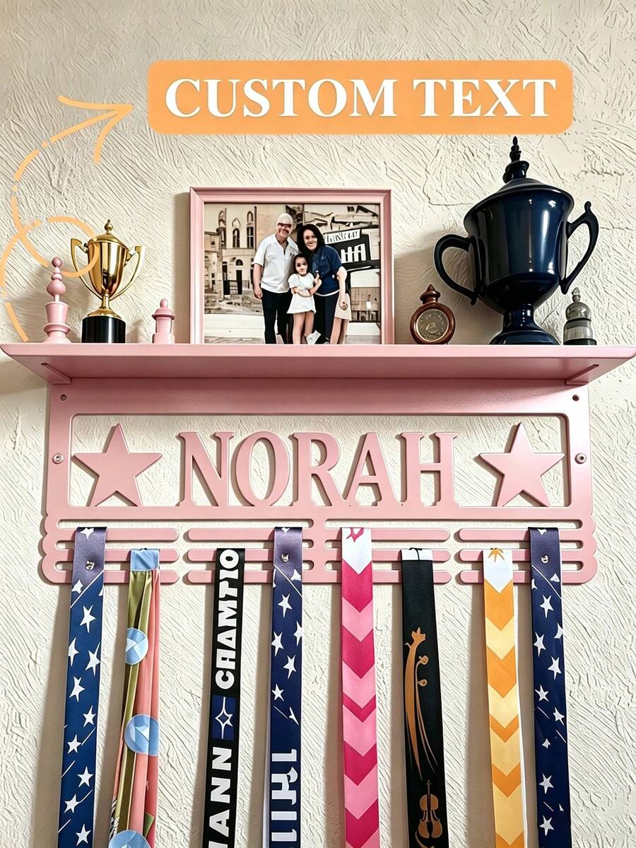 1pc Customized Metal Pink Medal & Trophy Display Rack - Personalized Star Design With Name Logo, Easy Install Home Wall Decor, 12 Hooks & Medal Holder For Personal Honor Medals - Father's Day, Independence Day, Thanksgiving Gift - Pink - View 1