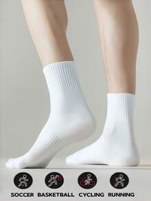 5/1 Pair Solid Color Knee-High Socks, Simple Comfortable Breathable White Socks, Suitable For Sports And Casual Wear, Unisex - Multicolor - View 4