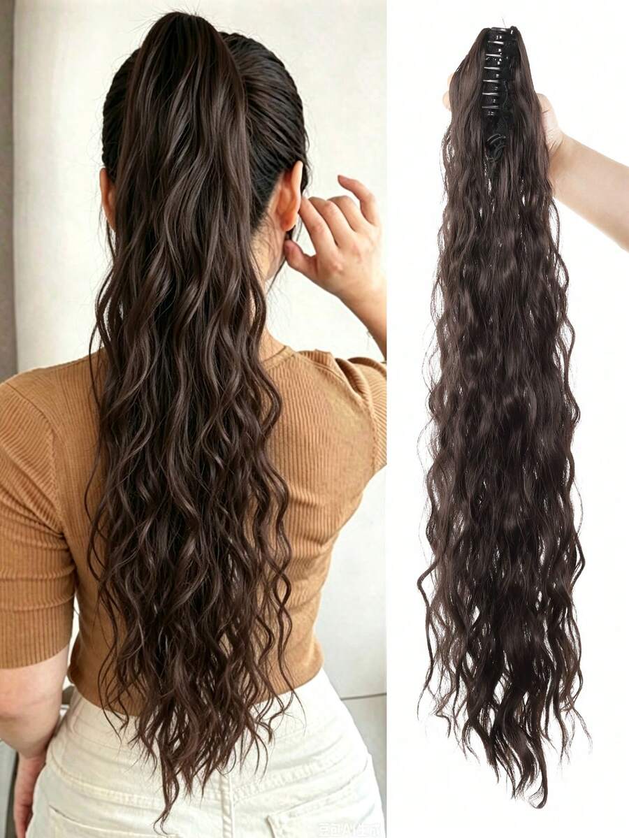 26 Inch Deep Brown Water Wave Curly Ponytail Hair Bundle, Soft And Natural, Suitable For Women