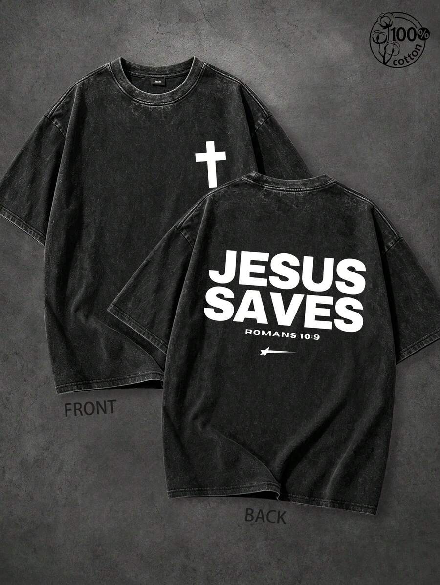 Jesus Saves Letter Print T Shirt,Retro Washed T-Shirt Double Sided Printed (230 Pure Cotton T-Shirt),Christian Gift,Men's T-Shirt,Casual,Mens Clothes - 黑色 - 查看 1
