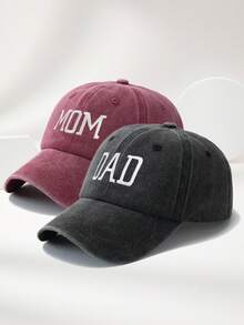2件組「Dad & Mom」印花棒球帽，復古水洗尖頂帽，中性可調節輕量防曬帽，度假禮物，父母理想選擇，卡車司機帽女款棒球帽女帽寬邊帽 - A - 查看 2