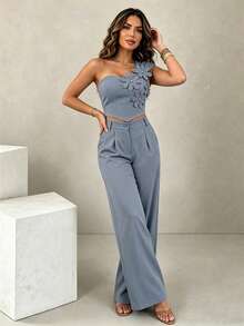 ChicMe Women's 2pcs Set Rhinestone 3D Floral Applique One Shoulder Ruched Top With High Waist Wide Leg Pants, Fashionable Daily Wear - Dusty Blue - View 6