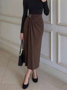 Women's Metal Buckle Pleated Elegant Midi Skirt For Office And Commute - Brown - View 6