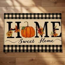 Autumn Pumpkin Maple Leaf Home Sweet Home Printed Small Rug, Black & White Plaid Country Style Entryway Doormat, Living Room Bedroom Hallway Decorative Floor Mat - Black - View 11