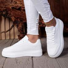 Women's Pure White High-Top Skate Shoes, Thick Sole Height-Increasing Athletic Shoes, Lace-Up Comfortable Non-Slip Casual Sports Shoes, Versatile Daily Campus Street Shoes - All White - View 3