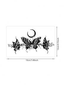 1 Sheet Dark Tone Drip Crescent Moon Triple Butterfly Lower Back Horizontal Temporary Tattoo Sticker, Waterproof Long-Lasting Gothic Celestial Fake Tattoo, Body Art Decal For Hip Rib Side Waist Upper Thigh - Black - View 6