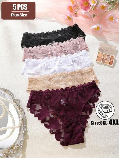 5 buah Celana Dalam Segitiga Seksi Pinggang Rendah Bermotif Renda Multi-Warna untuk Wanita Ukuran Besar, Nyaman, Ramah Kulit, Ukuran Pakaian Dalam Wanita 0XL-4XL