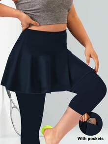 Skort For Women Ladies Leggings With Skirt Capri Running Trousers Tennis Skirt With Pockets Yoga Sports Soft Skirt Shor Tennis Clothing Plus Size - 藏蓝色 - 查看 2