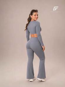 Plain Zero-Transparency Polyamide Flare Long Sleeve Fitness Gym Set - Grey - View 8