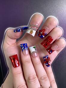 10 piezas Uñas postizas para mujer fan de fútbol, uñas acrílicas falsas hechas a mano, tema rojo & azul, decoración de arte de uñas 3D de fútbol & flores, cuadradas brillantes, reutilizables, suministros de arte de uñas, decoración de arte de uñas - Multicolor - Ver 3