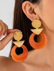 1 Pair Bohemian Vintage Agate Pattern Acrylic Resin Pleated Gold-Plated Geometric Large Hoop Earrings For Women Beach Vacation - Mustard Yellow - View 3
