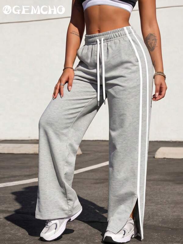 GEMCHO Pantalones deportivos para mujer, tela de punto, ligeramente elásticos, con abertura en el tobillo, cinta a rayas, pantalones casuales para correr, estilo campus