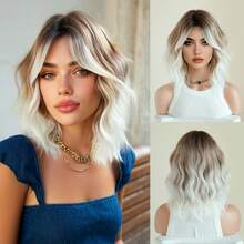 7JHH WIGS Shoulder-Length Wavy Bob Wigs For Women 14 Inch Short Curly Middle Part Wig With Curtain Bangs, Natural-Looking Synthetic Heat-Resistant Fiber Wig For Party Cosplay Use ( Blue, Pink, Red, Brown ) - Multicolor - View 13