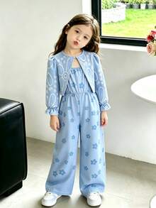 Young Girl Jacquard Textured Cardigan Jacket And Printed Floral Jumpsuit Set, Fashionable Casual Cute Elegant Spring Autumn Winter Outfit - Dusty Blue - View 1