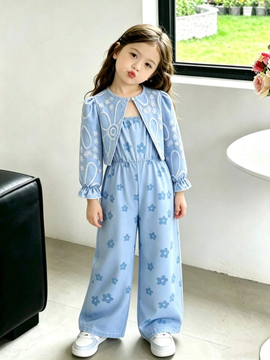 Young Girl Jacquard Textured Cardigan Jacket And Printed Floral Jumpsuit Set, Fashionable Casual Cute Elegant Spring Autumn Winter Outfit - Dusty Blue - View 1