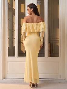 PARTHEA Elegant Yellow Off‑Shoulder Mermaid Maxi Dress, Layered Lace Ruffle Neck Mesh Long Sleeve Bodycon Party Gown - Yellow - View 2
