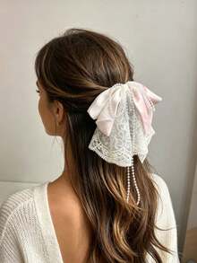 1pc Bow Lace Hair Claw Clip For Women, Fashion Tassel Large Bow Hair Claw, Elegant Sweet Party Daily Hair Accessory - Multicolor - View 9